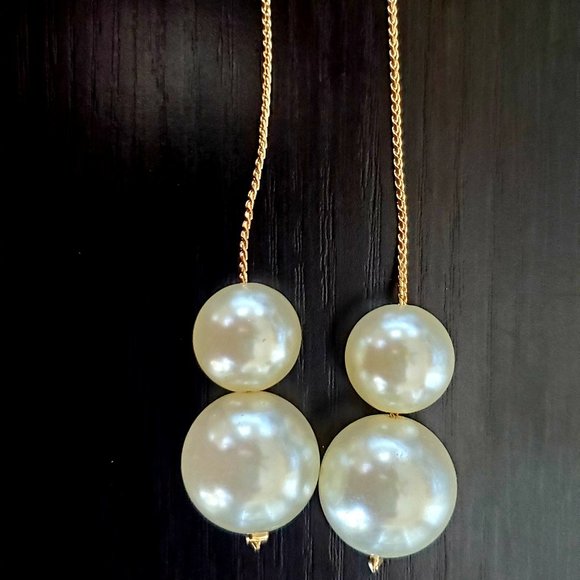 BP Nordstrom Long Two Faux Pearl Gold Chain Dangle Pierced Earrings - Picture 3 of 5